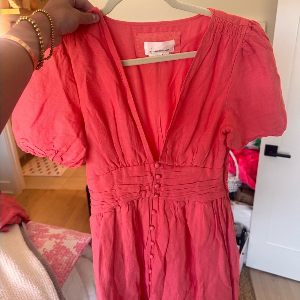 Anthropologie Orange Pink Ruched Puff Sleeve Sundress
